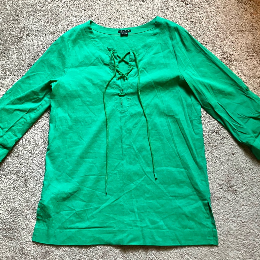Theory Green Tie Front 3/4 Sleeve Tunic